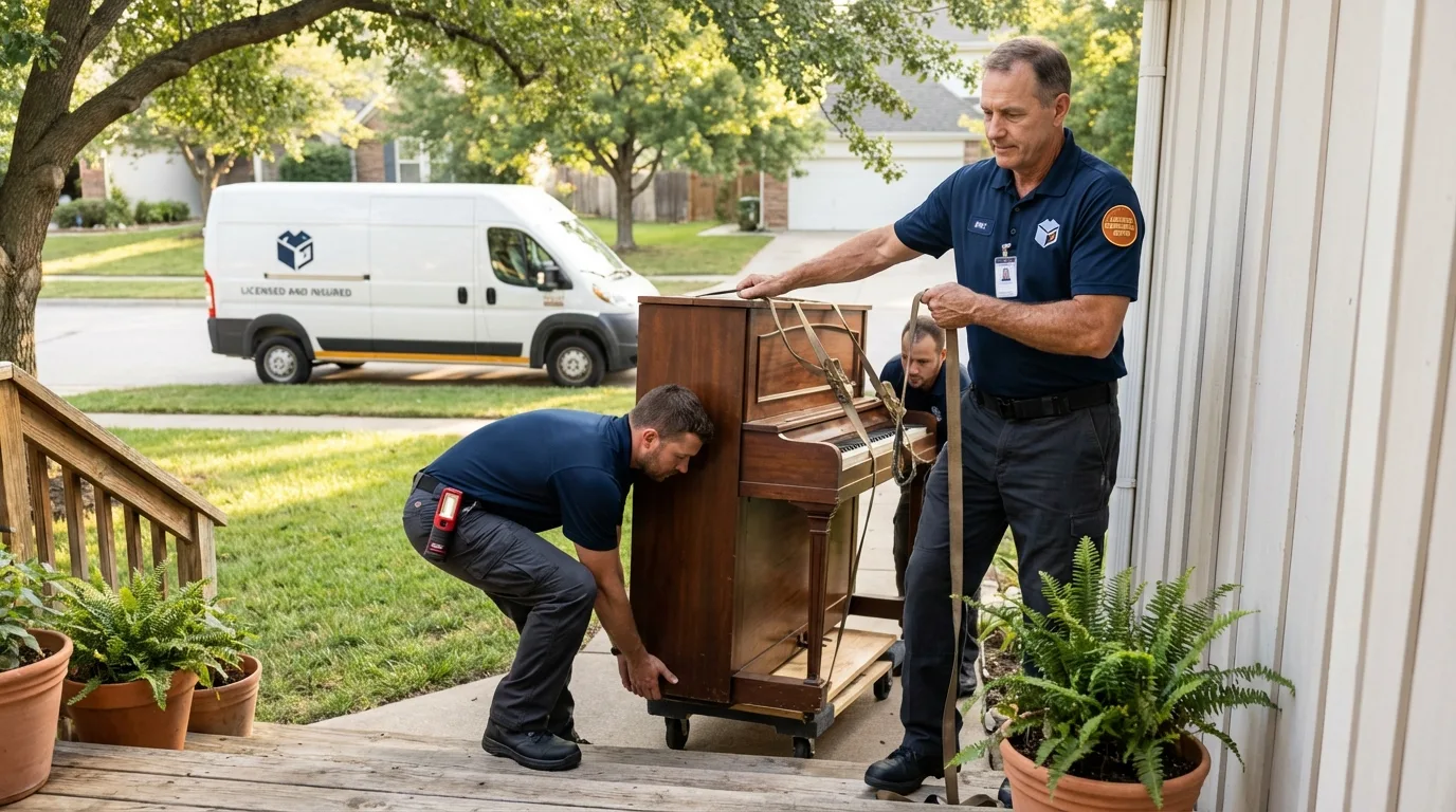 Licensed piano movers securing grand piano in Lake Zurich, IL