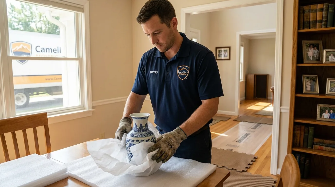 Professional crew carefully wrapping antique vase for senior downsizing move in Lake Zurich, IL